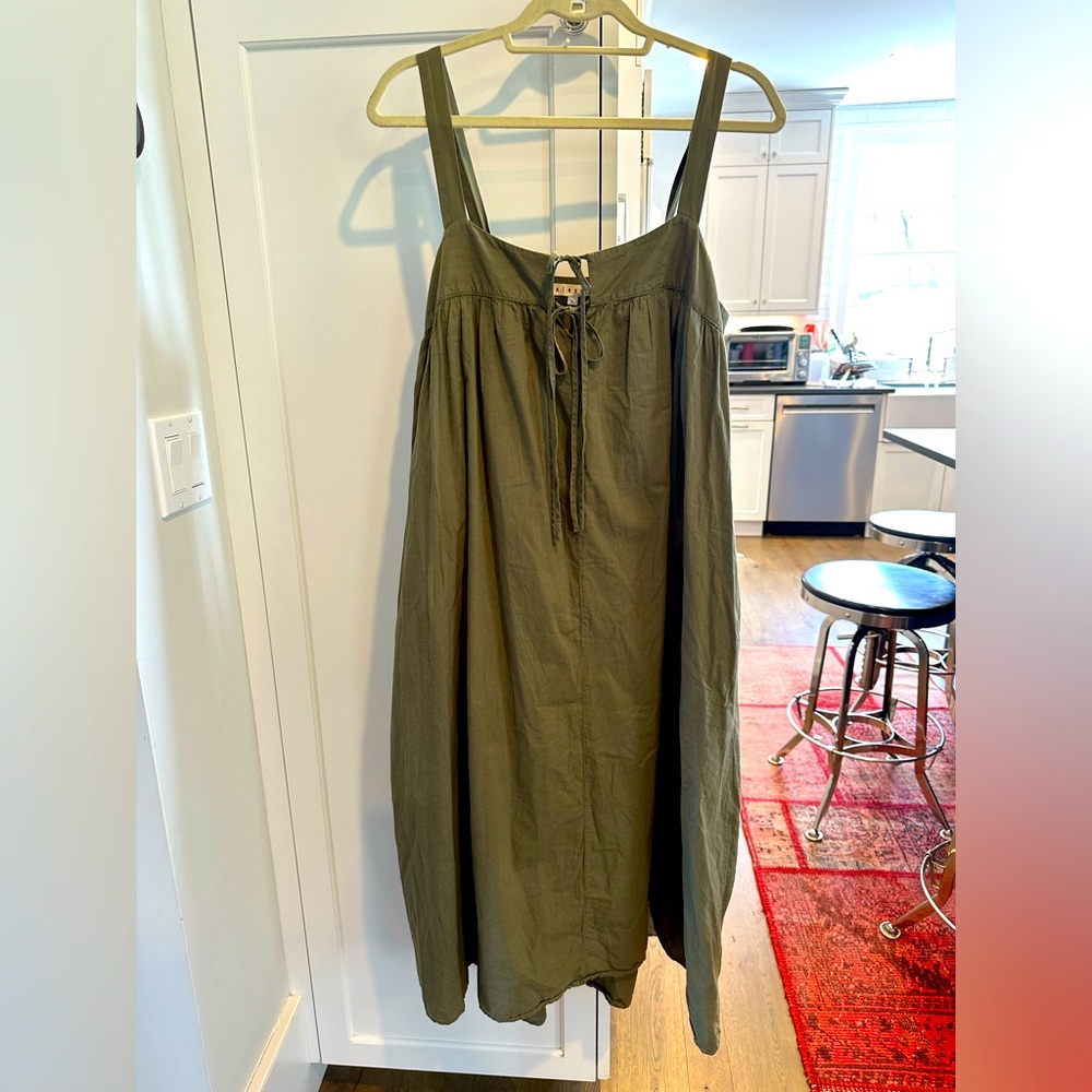 Xirena Kynsley Shift Dress L Square Neck Sleeveless Tie Front Midi Pockets Olive